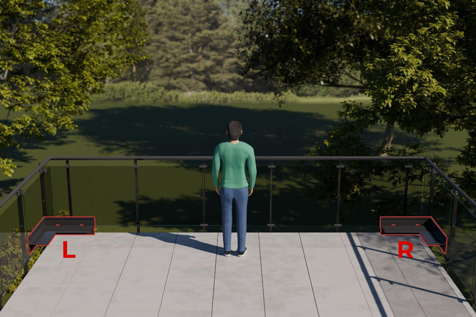 Instructional diagram showing the correct orientation for selecting Renoplast balcony corners: L (Left) and R (Right) are determined by standing on the terrace facing the railing.